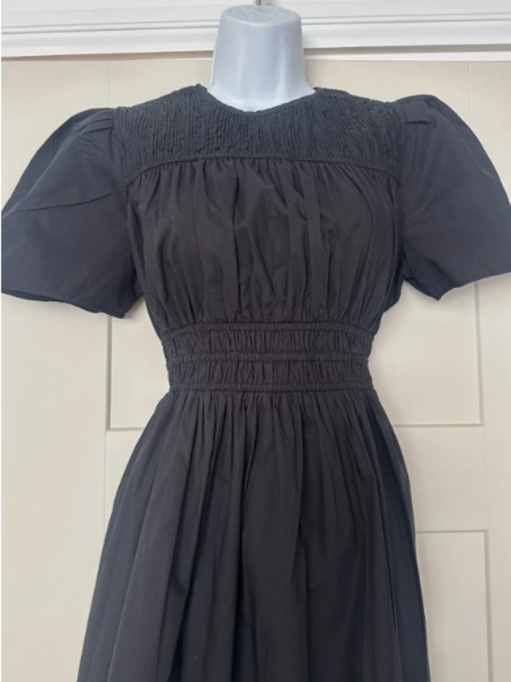 Black Smocked Waist Puff Sleeve Dress